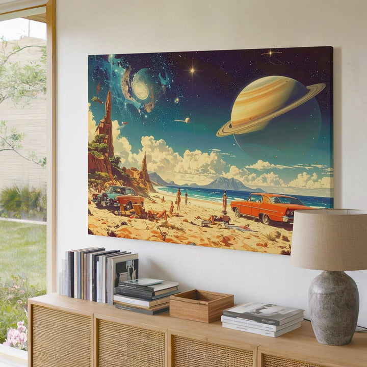 Retro Saturn Beach Canvas – Surreal 1950s Collage with Cosmic Sky - Gifitto
