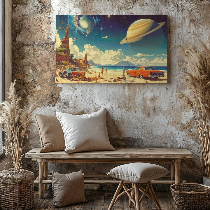Retro Saturn Beach Canvas – Surreal 1950s Collage with Cosmic Sky - Gifitto