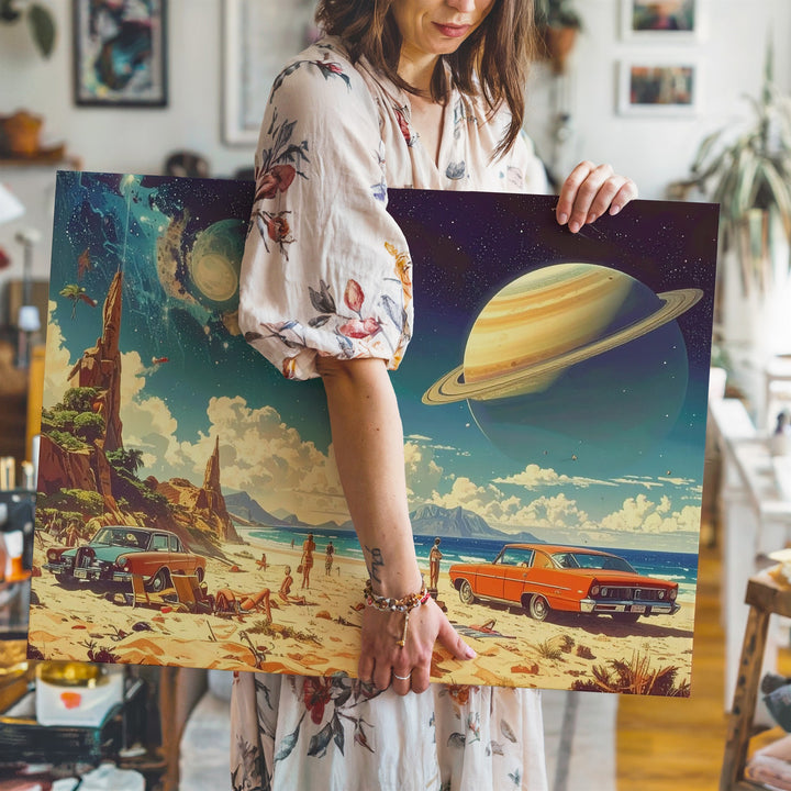Retro Saturn Beach Canvas – Surreal 1950s Collage with Cosmic Sky - Gifitto