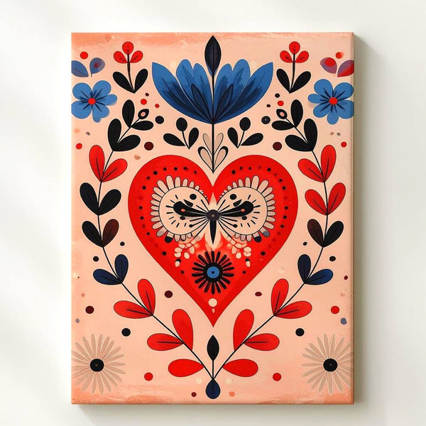 Handcrafted Folk Heart Canvas – Floral & Tulip Motifs in Bold Red, Blue & Black - Gifitto