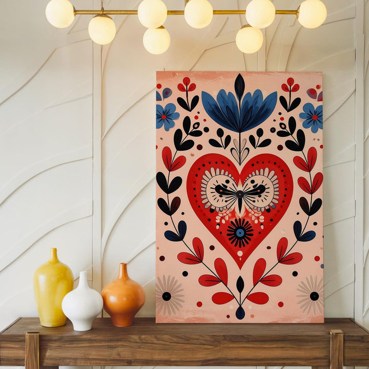 Handcrafted Folk Heart Canvas – Floral & Tulip Motifs in Bold Red, Blue & Black - Gifitto