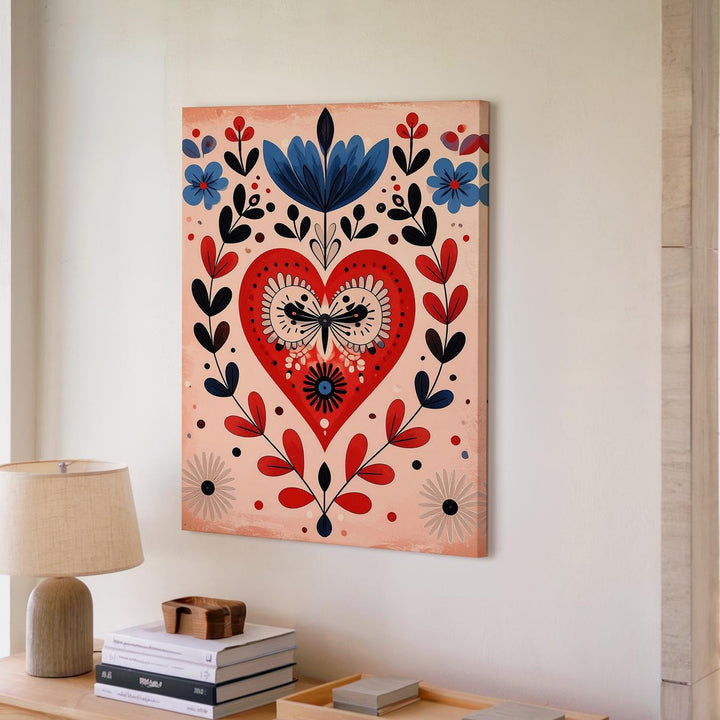 Handcrafted Folk Heart Canvas – Floral & Tulip Motifs in Bold Red, Blue & Black - Gifitto