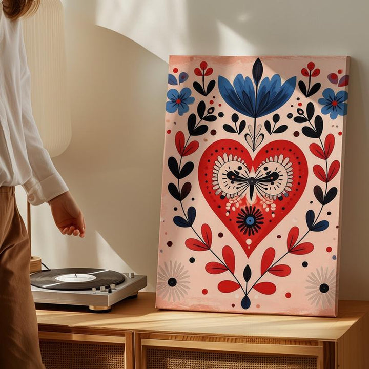 Handcrafted Folk Heart Canvas – Floral & Tulip Motifs in Bold Red, Blue & Black - Gifitto