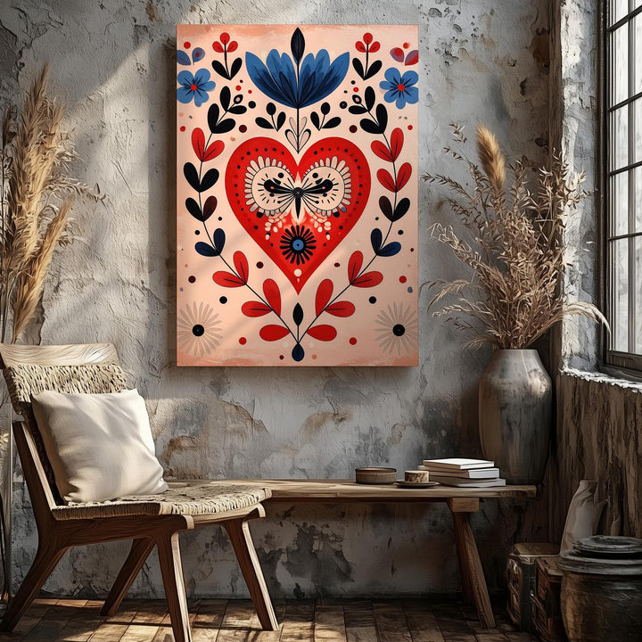 Handcrafted Folk Heart Canvas – Floral & Tulip Motifs in Bold Red, Blue & Black - Gifitto