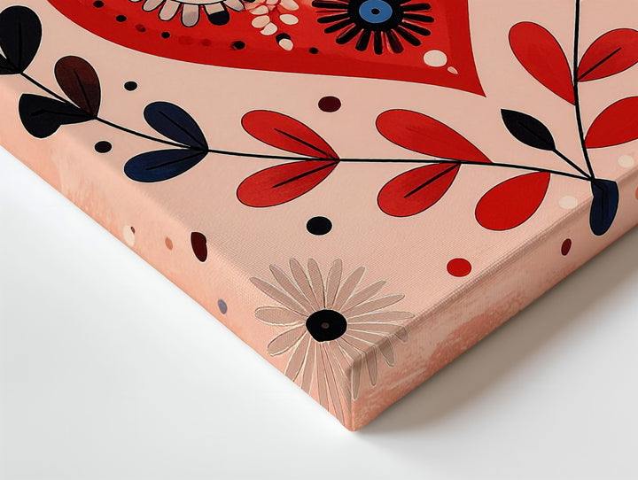 Handcrafted Folk Heart Canvas – Floral & Tulip Motifs in Bold Red, Blue & Black - Gifitto