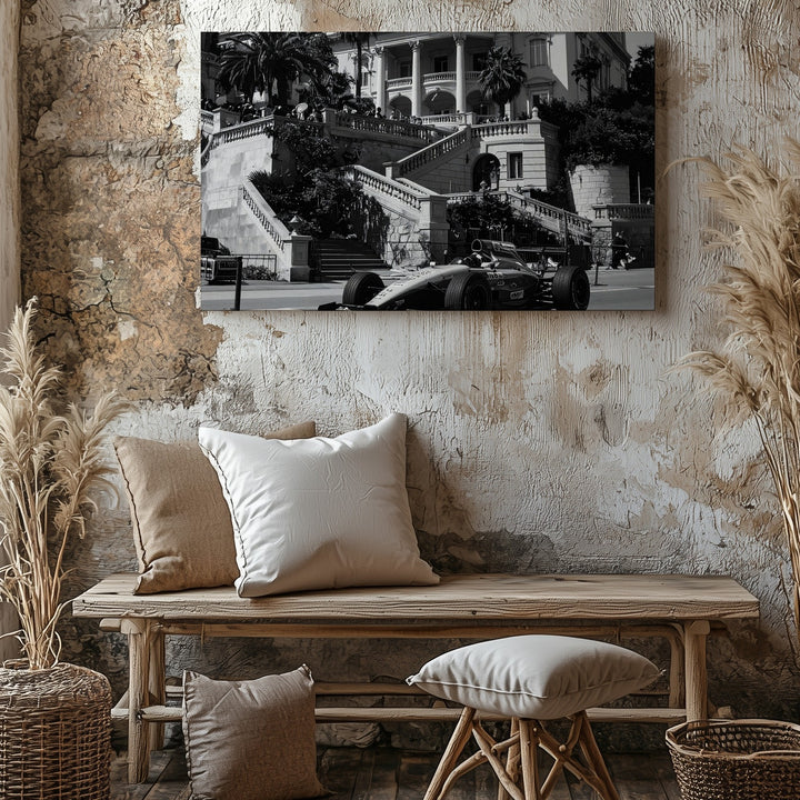 Vintage F1 Monaco Canvas – Ferrari Race Car with Historic European Architecture - Gifitto