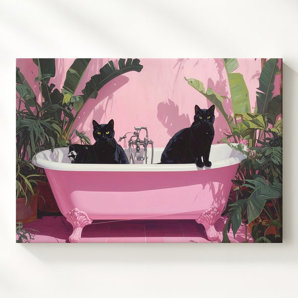 Whimsical Black Cats in Bathtub Canvas – Tropical Dreamy Art - Gifitto
