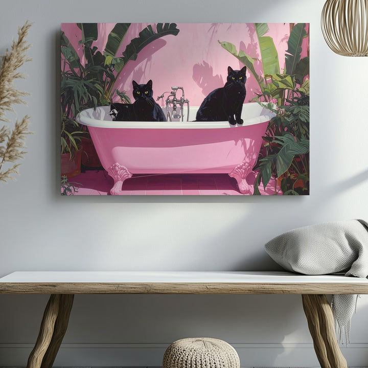 Whimsical Black Cats in Bathtub Canvas – Tropical Dreamy Art - Gifitto