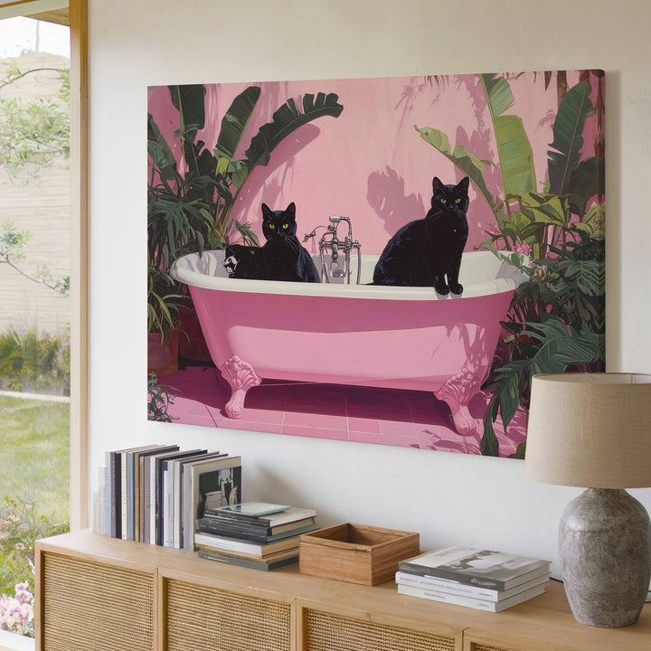 Whimsical Black Cats in Bathtub Canvas – Tropical Dreamy Art - Gifitto