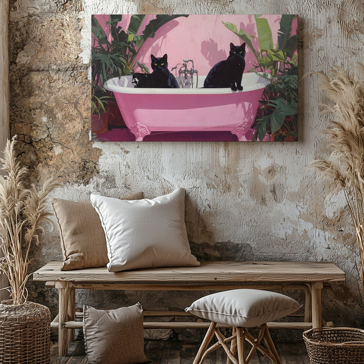 Whimsical Black Cats in Bathtub Canvas – Tropical Dreamy Art - Gifitto