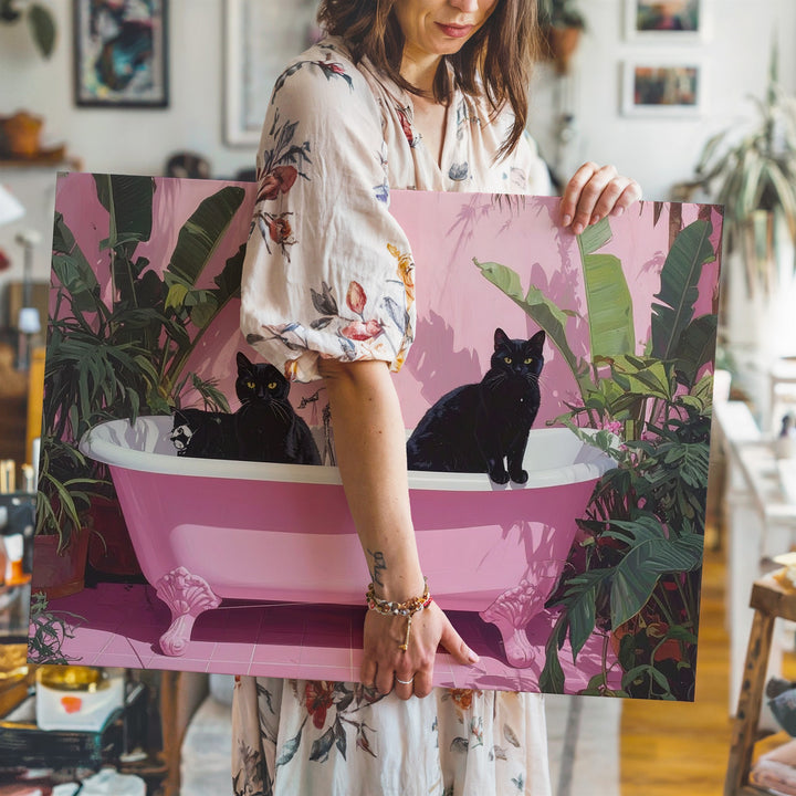 Whimsical Black Cats in Bathtub Canvas – Tropical Dreamy Art - Gifitto