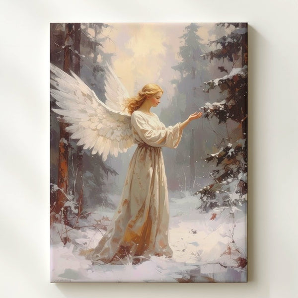Golden Angel in Snowy Forest Canvas – Ethereal Winter Spiritual Art