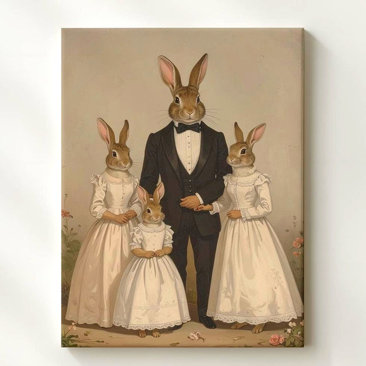 Elegant Rabbit Family Canvas – Formal Attire with Pastel Floral Background - Gifitto