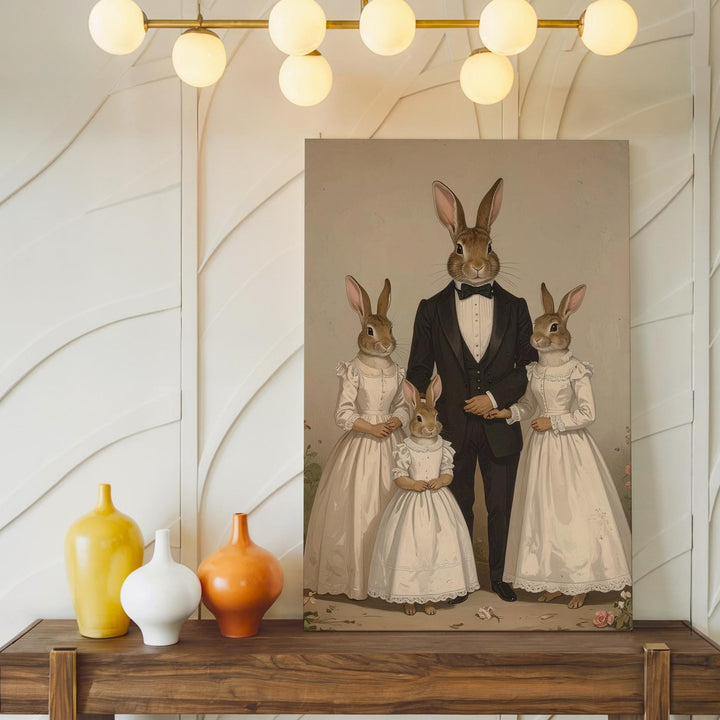 Elegant Rabbit Family Canvas – Formal Attire with Pastel Floral Background - Gifitto