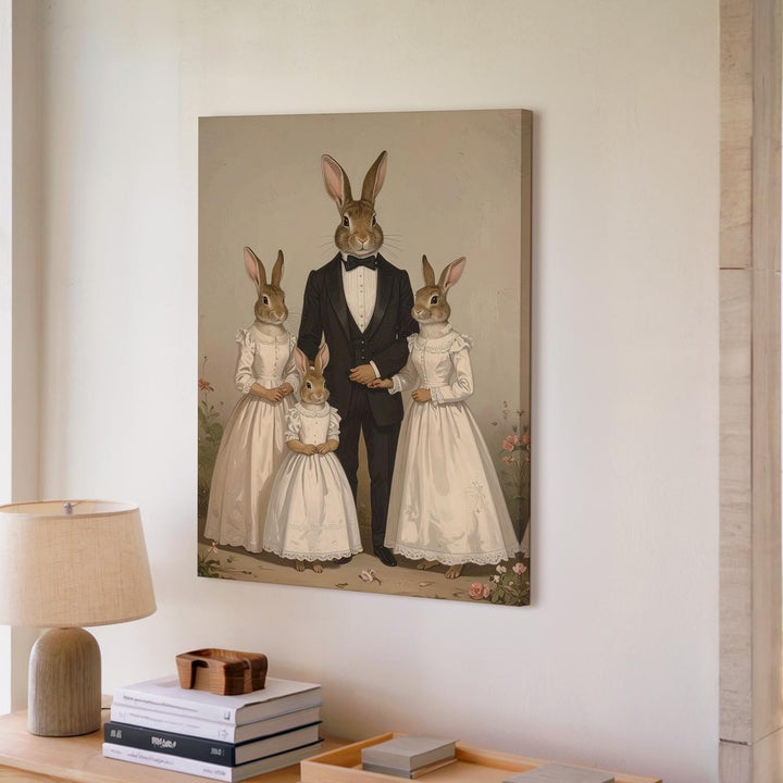 Elegant Rabbit Family Canvas – Formal Attire with Pastel Floral Background - Gifitto