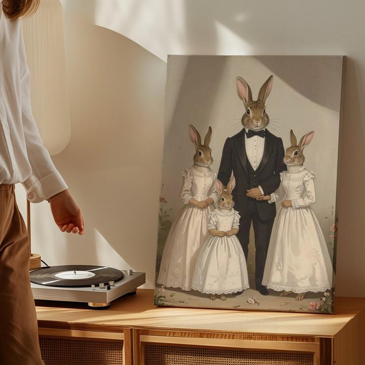 Elegant Rabbit Family Canvas – Formal Attire with Pastel Floral Background - Gifitto