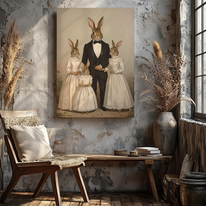 Elegant Rabbit Family Canvas – Formal Attire with Pastel Floral Background - Gifitto