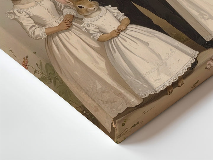 Elegant Rabbit Family Canvas – Formal Attire with Pastel Floral Background - Gifitto