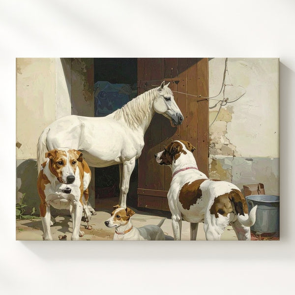 Heartwarming Horse and Dogs Canvas – Classical Equestrian Scene - Gifitto