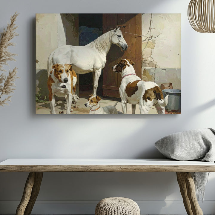 Heartwarming Horse and Dogs Canvas – Classical Equestrian Scene - Gifitto