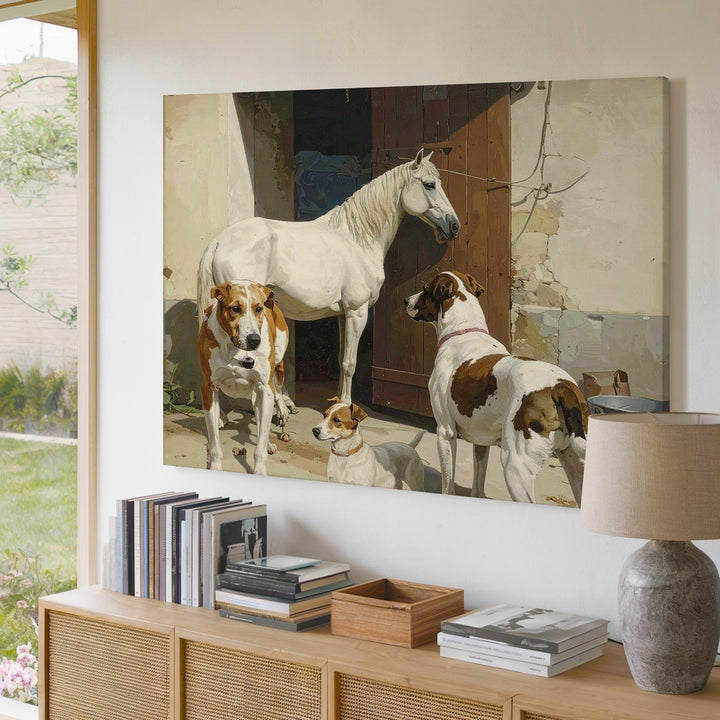 Heartwarming Horse and Dogs Canvas – Classical Equestrian Scene - Gifitto