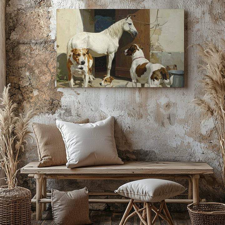 Heartwarming Horse and Dogs Canvas – Classical Equestrian Scene - Gifitto