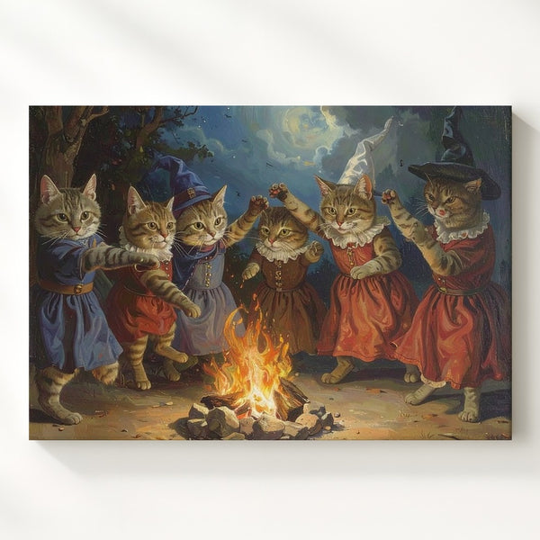 Anthropomorphic Cats Dancing Around Campfire Canvas – Fantasy Folklore Art - Gifitto
