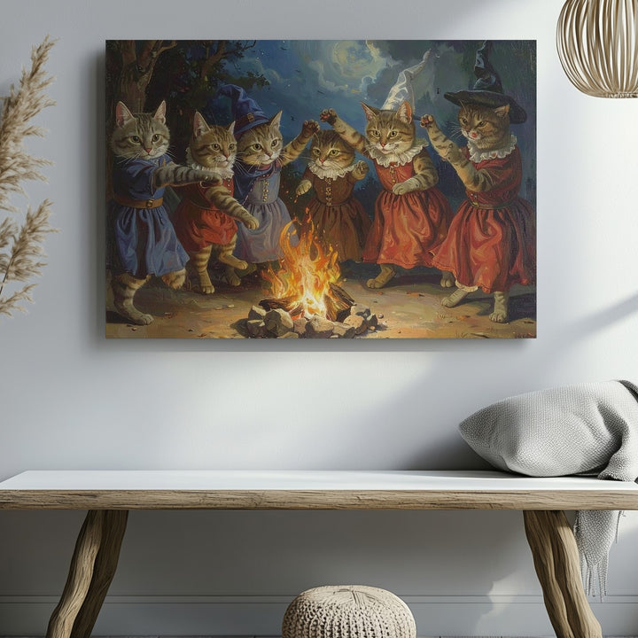 Anthropomorphic Cats Dancing Around Campfire Canvas – Fantasy Folklore Art - Gifitto