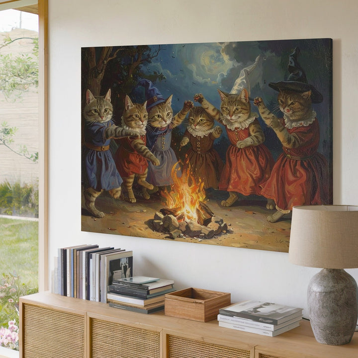 Anthropomorphic Cats Dancing Around Campfire Canvas – Fantasy Folklore Art - Gifitto