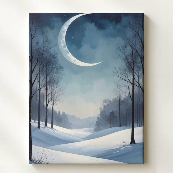 Mystical Crescent Moon Winter Night Canvas – Minimalist Dreamscape Wall Art