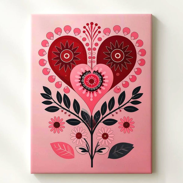 Romantic Folk Heart Canvas – Red, Black & Pink Floral Design - Gifitto