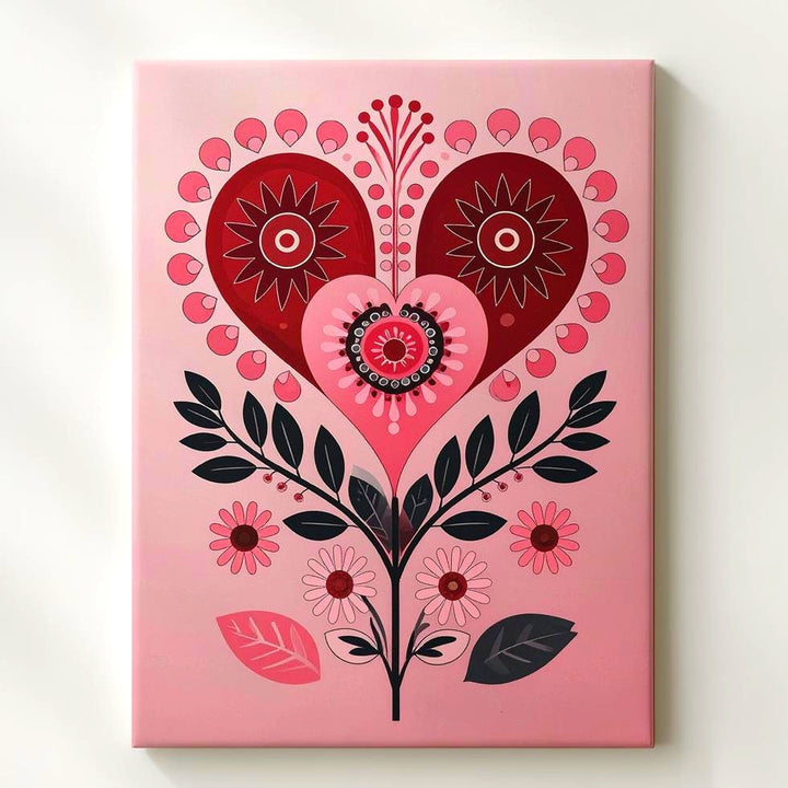 Romantic Folk Heart Canvas – Red, Black & Pink Floral Design - Gifitto