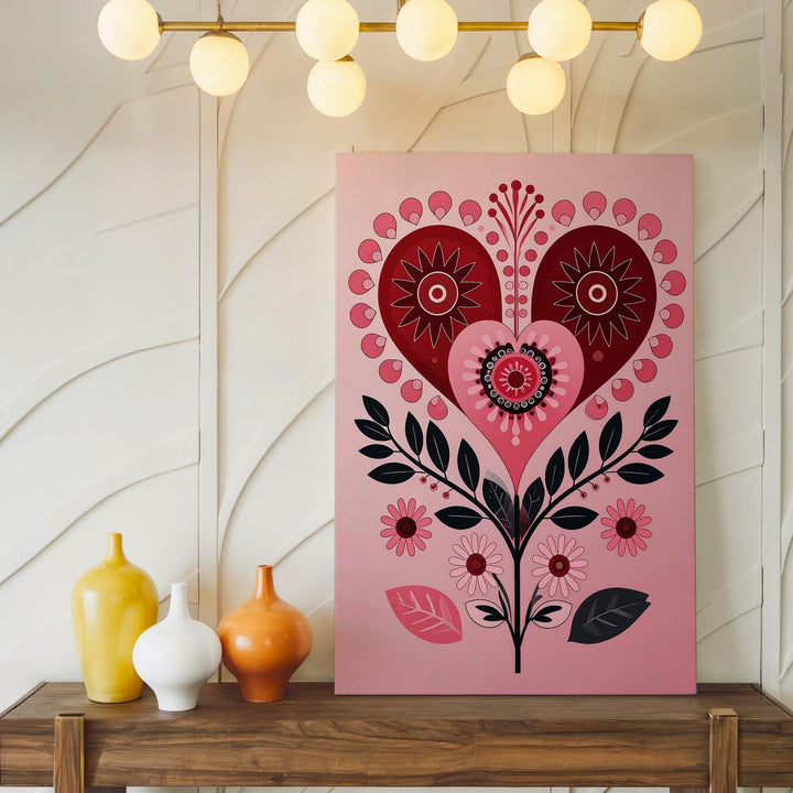 Romantic Folk Heart Canvas – Red, Black & Pink Floral Design - Gifitto