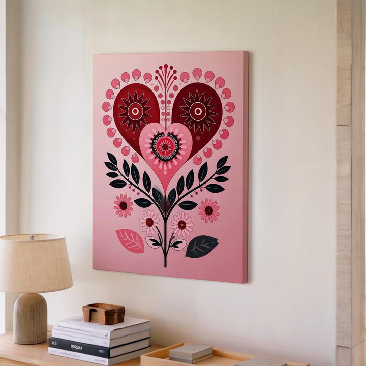 Romantic Folk Heart Canvas – Red, Black & Pink Floral Design - Gifitto