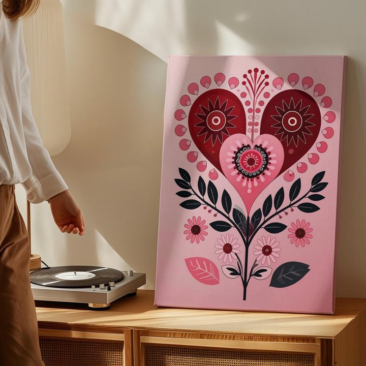 Romantic Folk Heart Canvas – Red, Black & Pink Floral Design - Gifitto