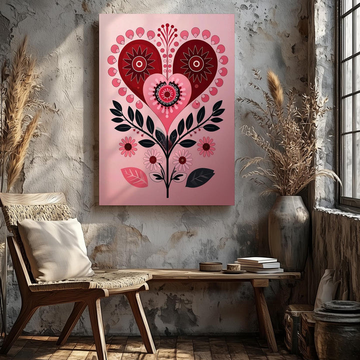 Romantic Folk Heart Canvas – Red, Black & Pink Floral Design - Gifitto