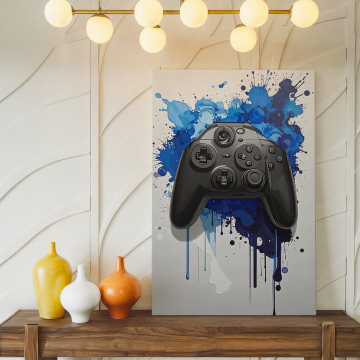 Blue Splash PlayStation Canvas – Stylized Controller with Watercolor Energy - Gifitto