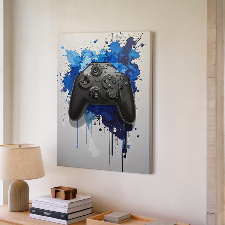 Blue Splash PlayStation Canvas – Stylized Controller with Watercolor Energy - Gifitto