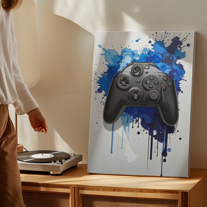 Blue Splash PlayStation Canvas – Stylized Controller with Watercolor Energy - Gifitto