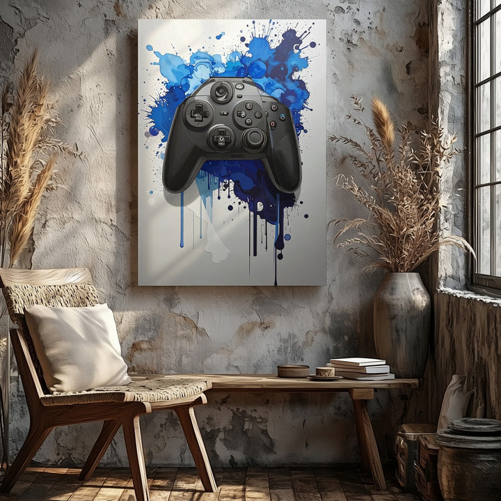Blue Splash PlayStation Canvas – Stylized Controller with Watercolor Energy - Gifitto