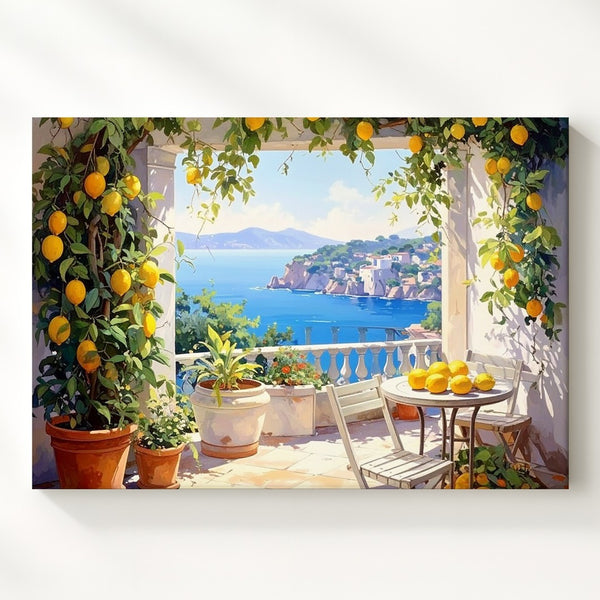 Sunlit Mediterranean Terrace Canvas – Coastal Lemon Grove & Sea View Art - Gifitto