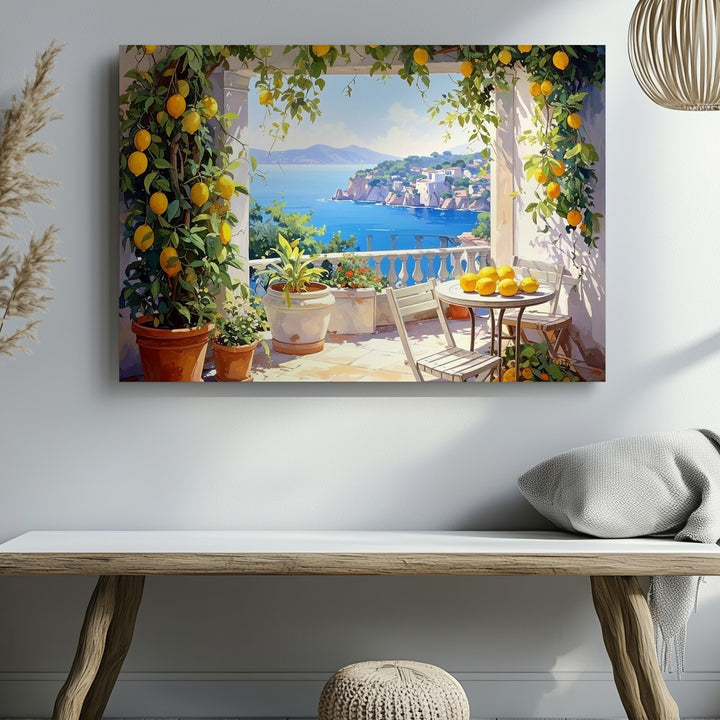 Sunlit Mediterranean Terrace Canvas – Coastal Lemon Grove & Sea View Art - Gifitto