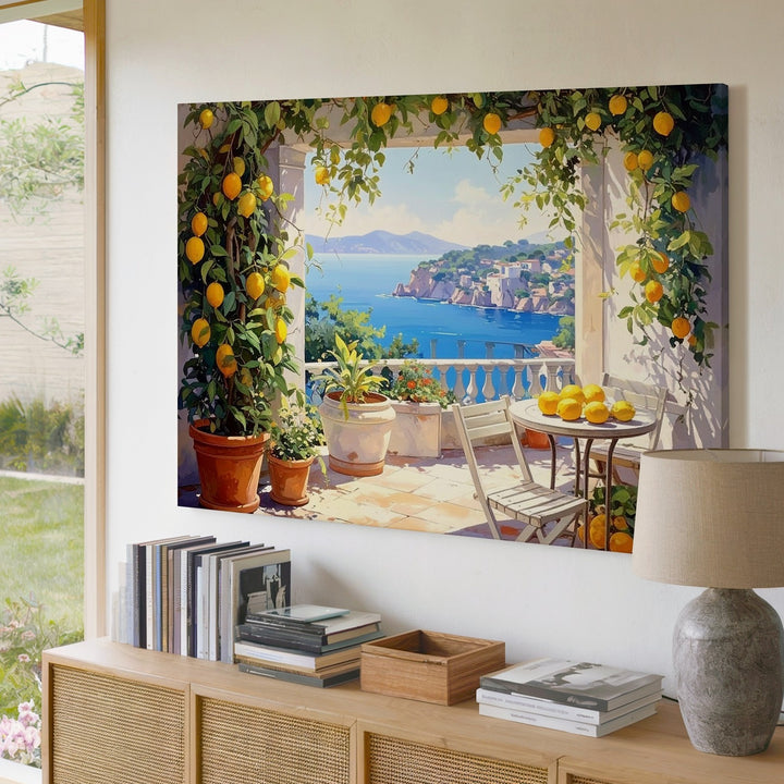 Sunlit Mediterranean Terrace Canvas – Coastal Lemon Grove & Sea View Art - Gifitto