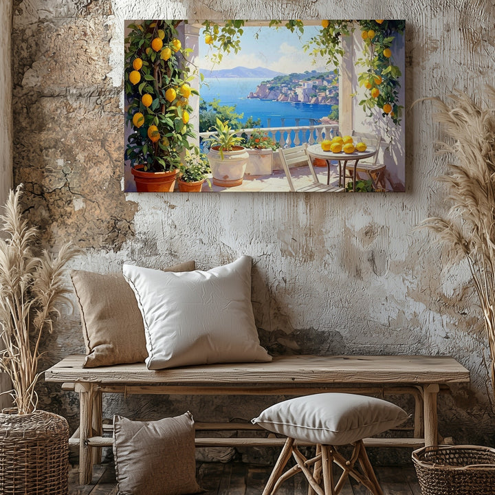 Sunlit Mediterranean Terrace Canvas – Coastal Lemon Grove & Sea View Art - Gifitto
