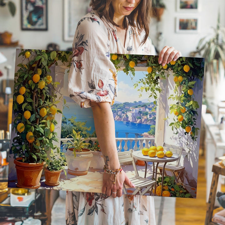 Sunlit Mediterranean Terrace Canvas – Coastal Lemon Grove & Sea View Art - Gifitto