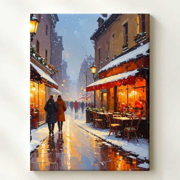 Cozy Winter City Street Canvas – Festive Evening Café Scene Wall Art