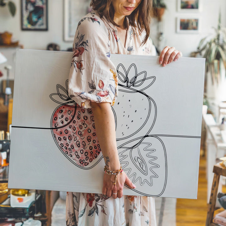 Minimalist One-Line Strawberry Canvas – Elegant Contemporary Fruit Drawing - Gifitto