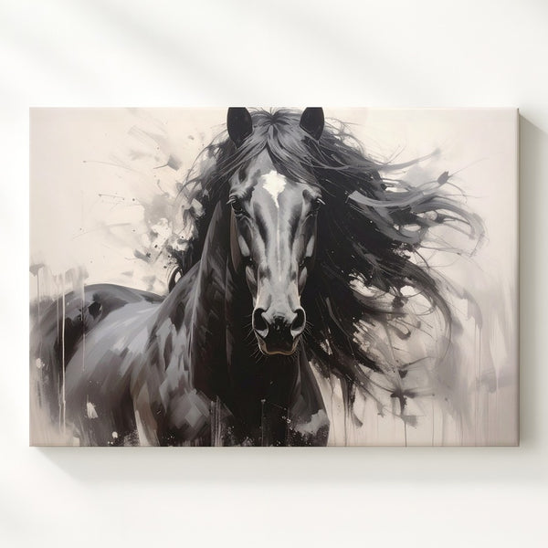 Wild Elegance Canvas – Black Horse in Motion with Abstract Background - Gifitto