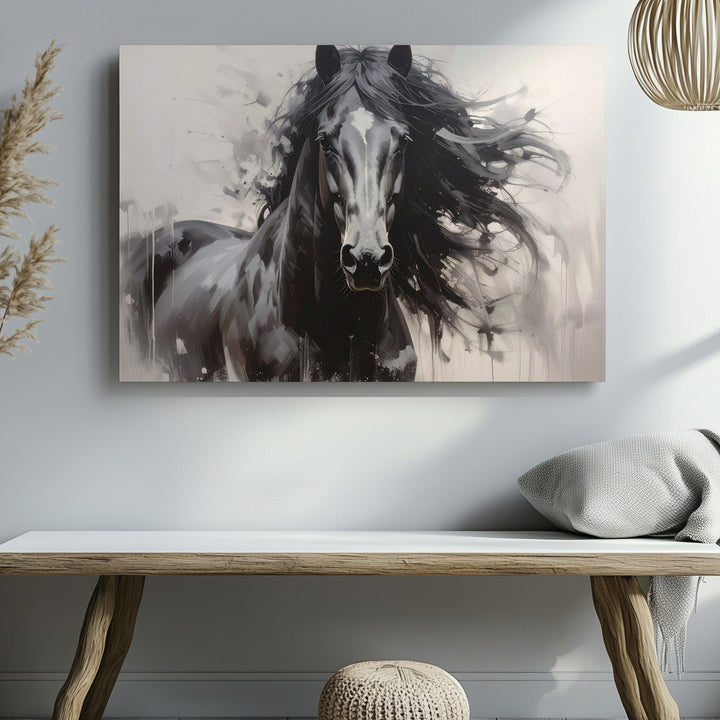 Wild Elegance Canvas – Black Horse in Motion with Abstract Background - Gifitto