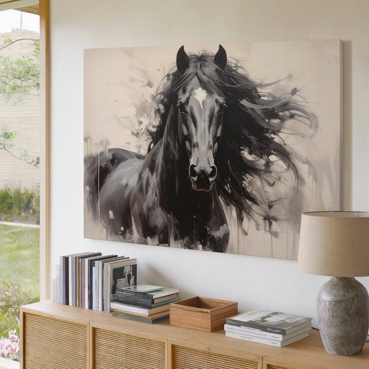Wild Elegance Canvas – Black Horse in Motion with Abstract Background - Gifitto